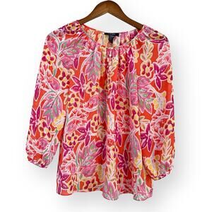 Ralph Lauren CHAPS Womens Blouse Top XS Sheer Chiffon Orange Pink Floral Popover